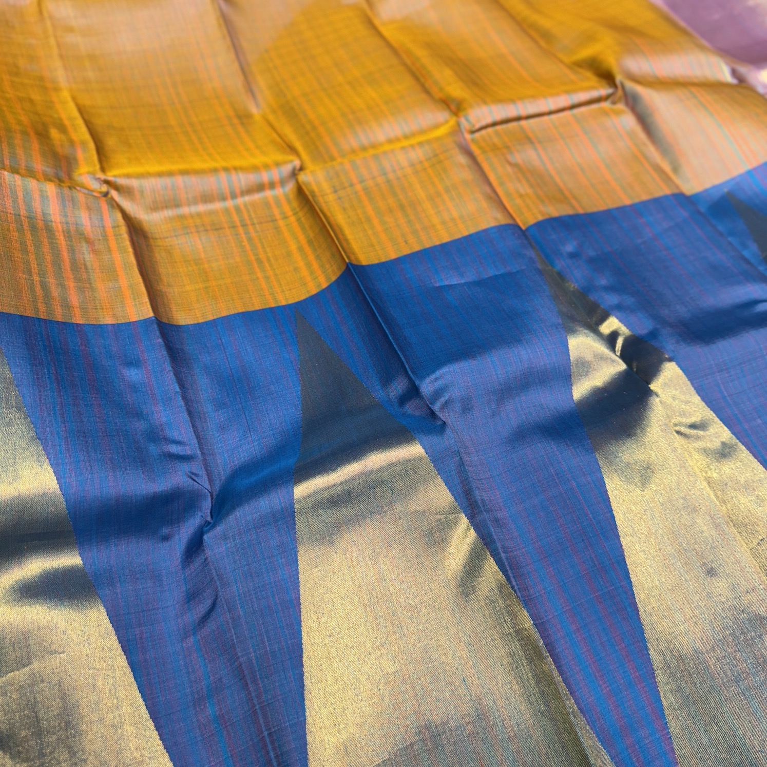 Ocean Blue and Mustard Yellow Kanchipuram Silk Saree