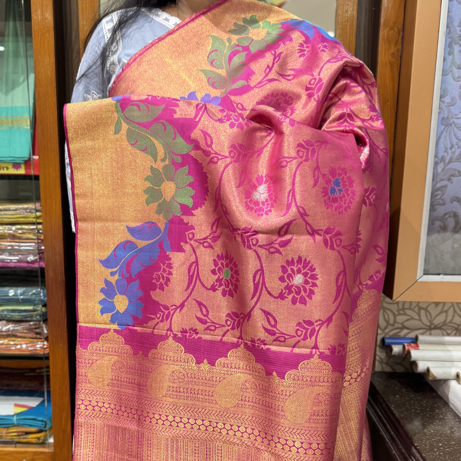 Scarlet Pink Kanchipuram Silk Saree
