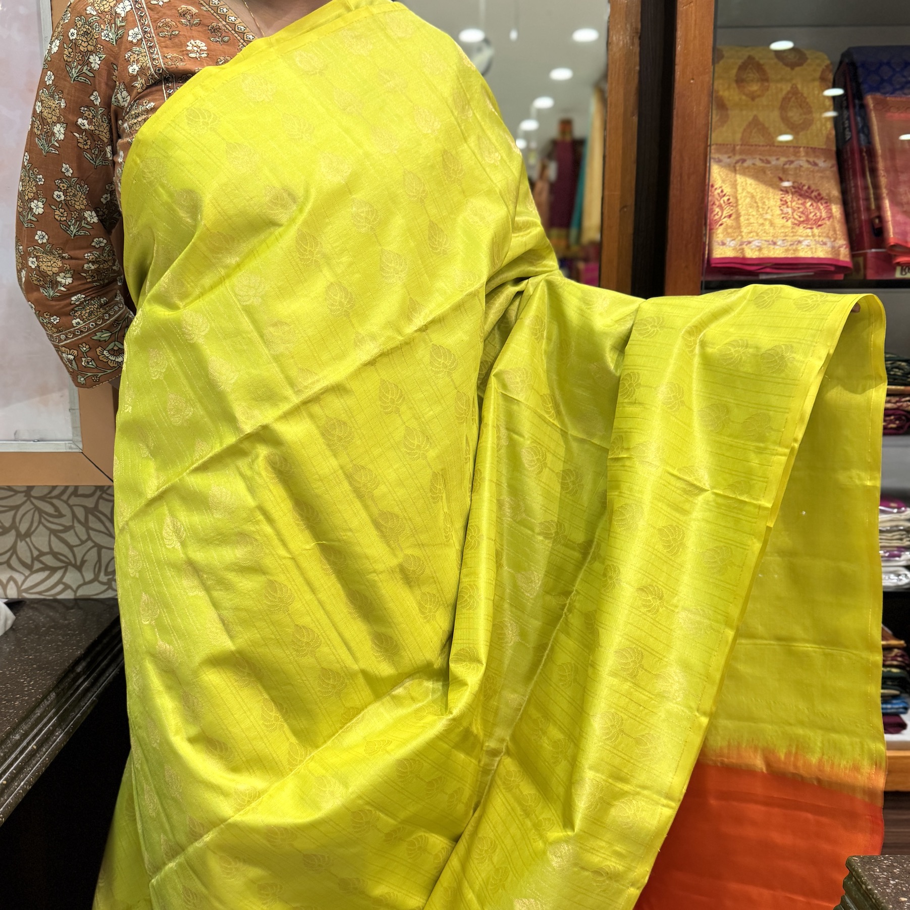 Parrot Green Soft Silk Saree with Crush Orange