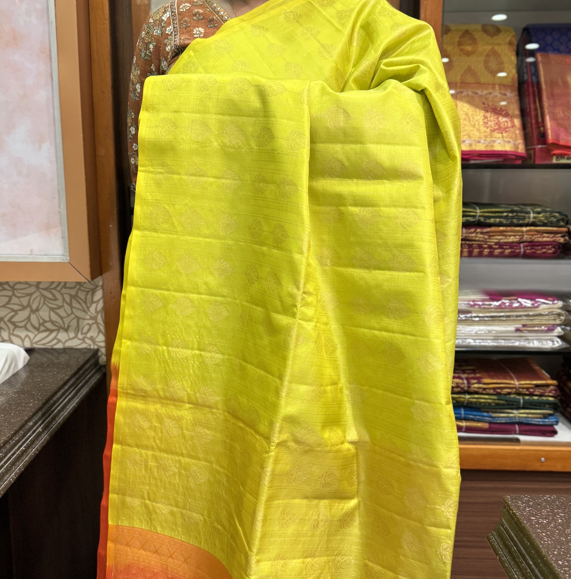 Parrot Green Soft Silk Saree with Crush Orange