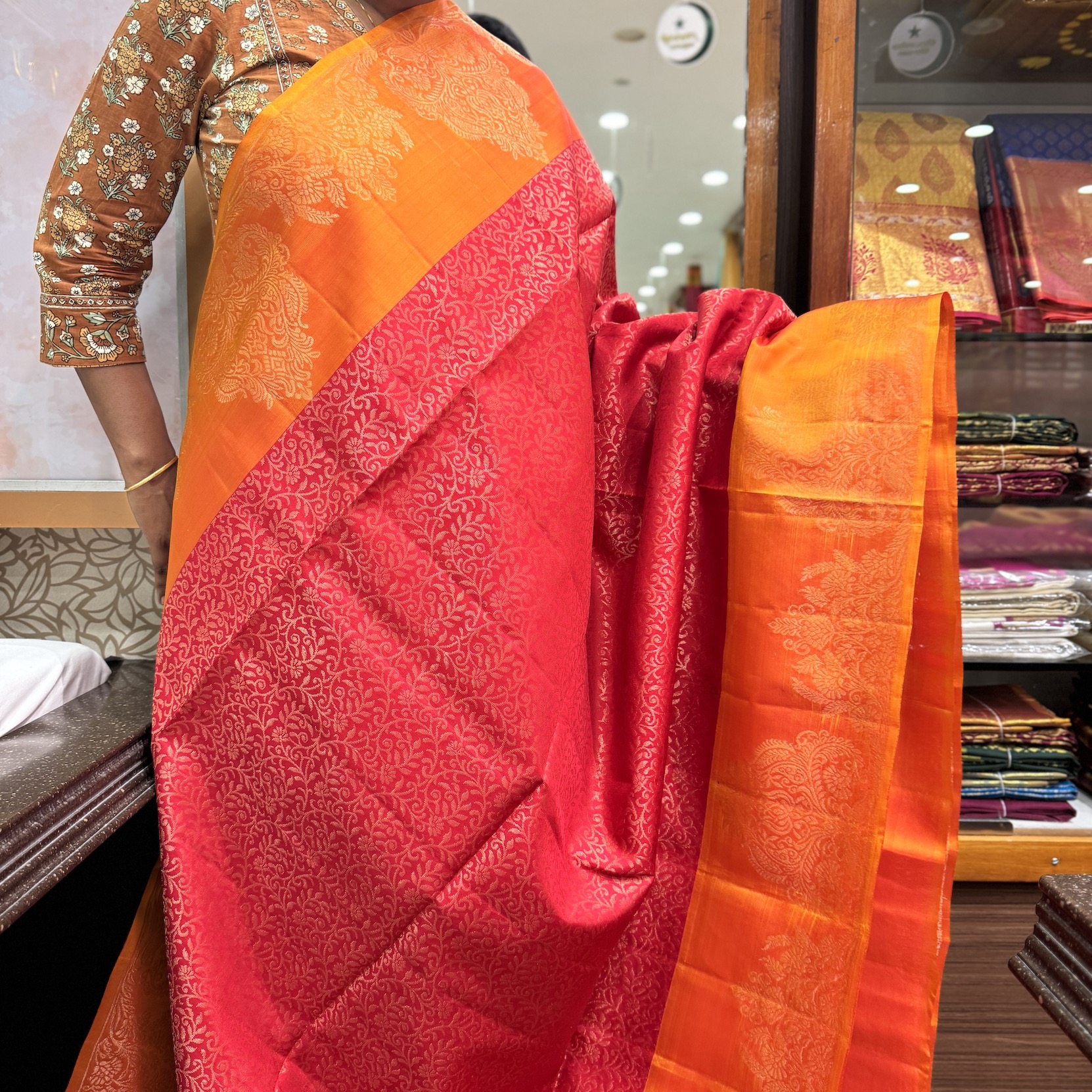 Chilli Red Soft Silk Saree with Vine