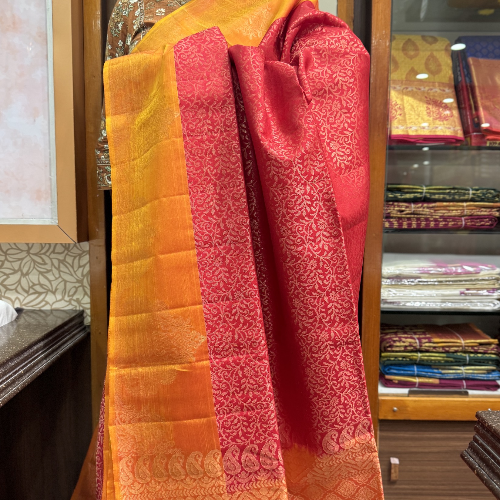 Chilli Red Soft Silk Saree with Vine