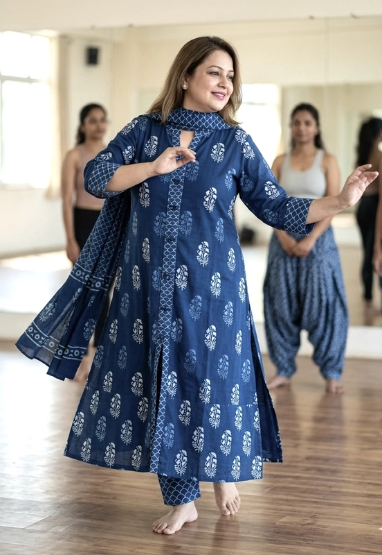 Cotton Akola Dabu Print Suit Set Indigo Jaal