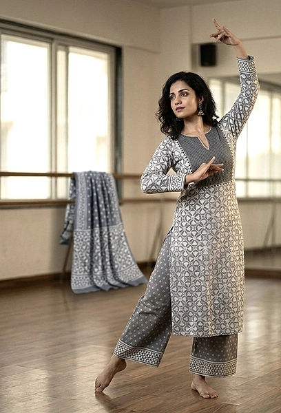 Cotton Akola Dabu Print Suit Set Grey Abstract