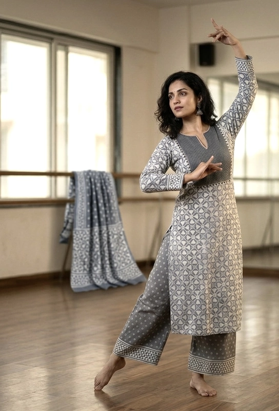 Cotton Akola Dabu Print Suit Set Grey Abstract