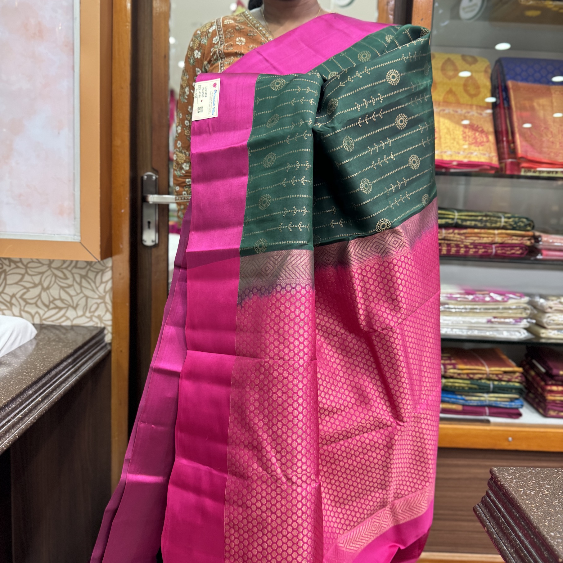 Leaf Green Dupion Soft Silk Saree with Violet
