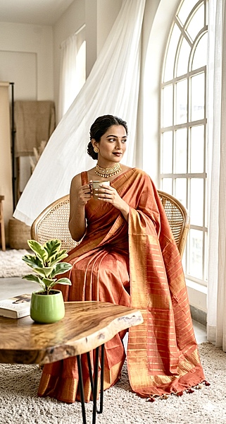 Bhagalpuri Silk Plain Saree with Zari Border (Orange)