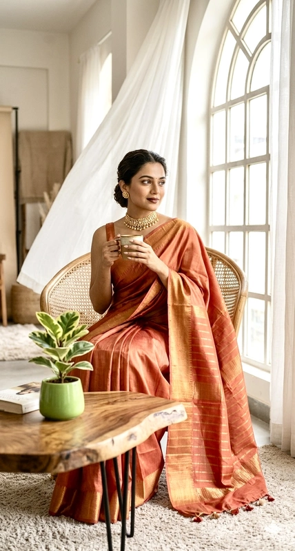 Bhagalpuri Silk Plain Saree with Zari Border (Orange)
