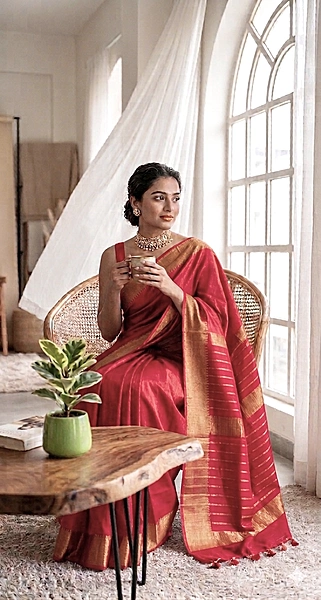 Bhagalpuri Silk Plain Saree with Zari Border (Red)