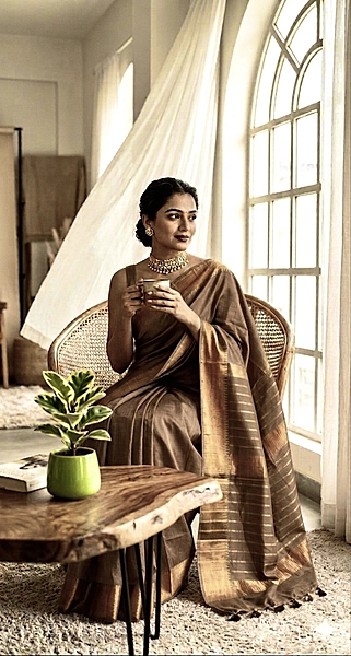 Bhagalpuri Silk Plain Saree with Zari Border (Brown)