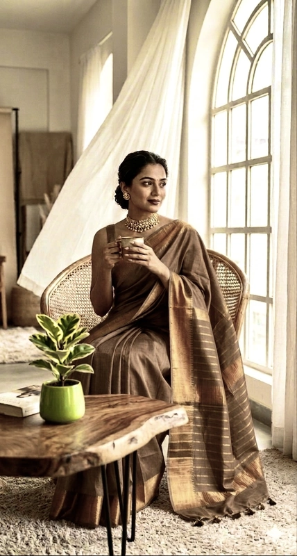 Bhagalpuri Silk Plain Saree with Zari Border (Brown)