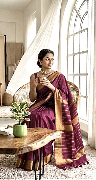 Bhagalpuri Silk Plain Saree with Zari Border (Phalsa)