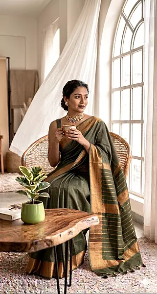 Bhagalpuri Silk Plain Saree with Zari Border (Mehndi Green)