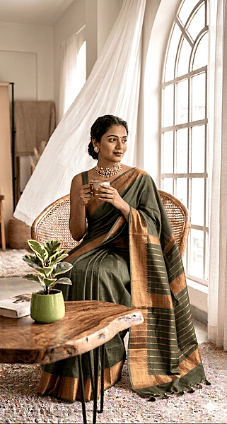 Bhagalpuri Silk Plain Saree with Zari Border (Mehndi Green)