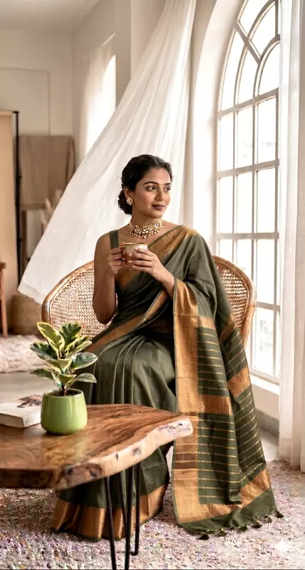 Bhagalpuri Silk Plain Saree with Zari Border (Mehndi Green)