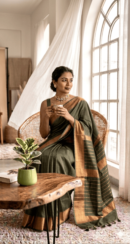 Bhagalpuri Silk Plain Saree with Zari Border (Mehndi Green)