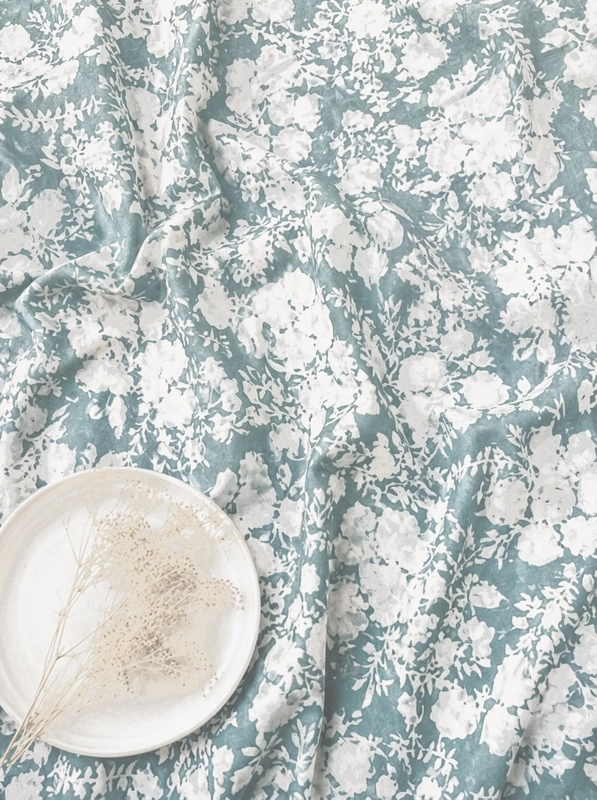 Cotton Aqua White Jaal Block Print