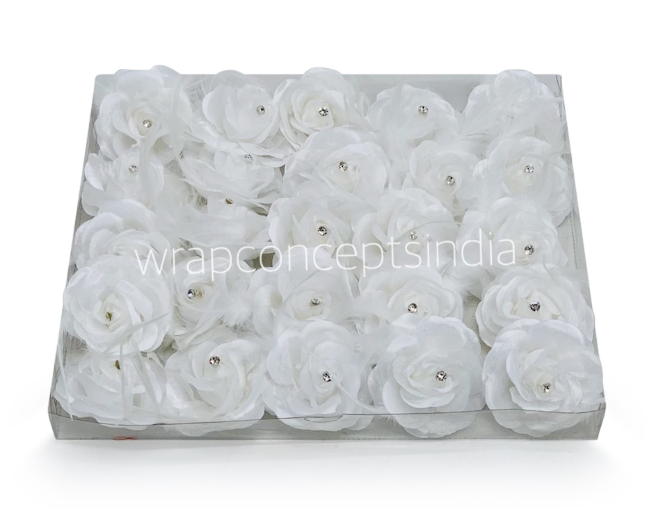 White Rose with Feathers & Stone