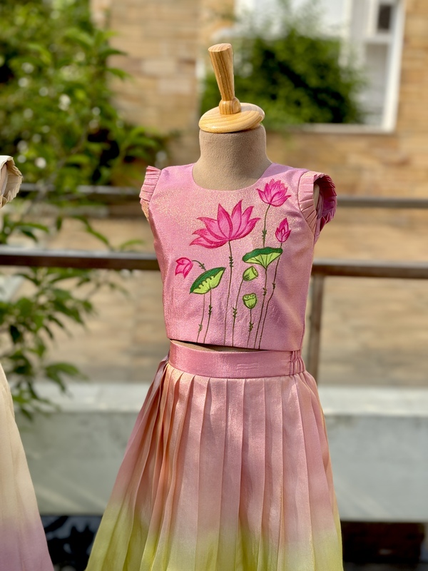 Pink Ombre Lotus Pichwai Hand-painted Skirt Set