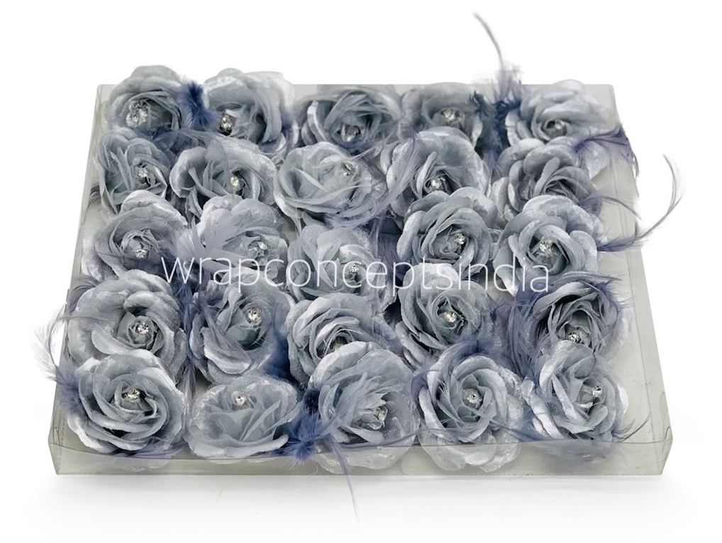 Silver Rose with Feathers & Stone