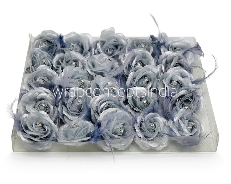 Silver Rose with Feathers & Stone