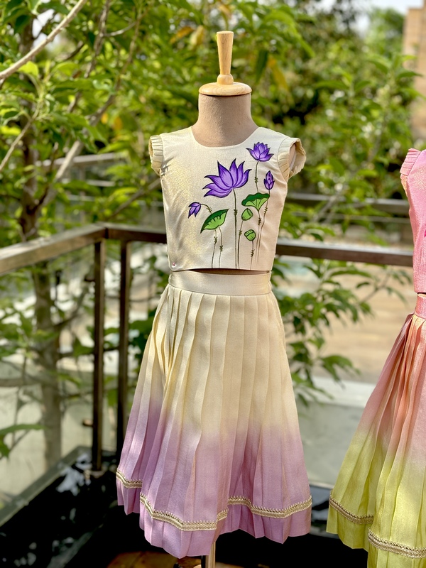 Creme-purple Lotus Pichwai Handpainted Silk Skirt Set