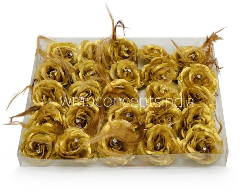 Gold Rose With Feathers & Stone