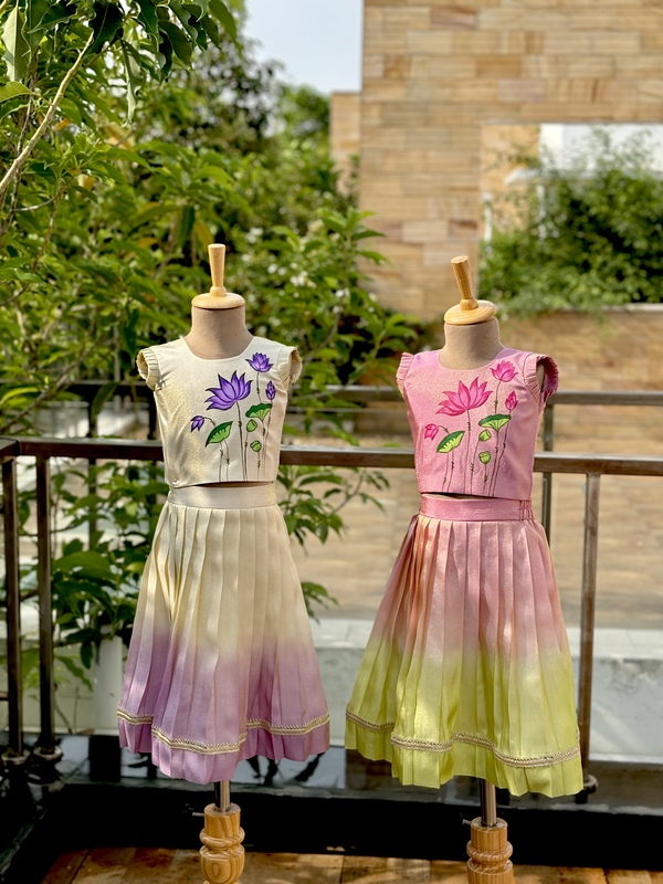 Pink Ombre Lotus Pichwai Hand-painted Skirt Set