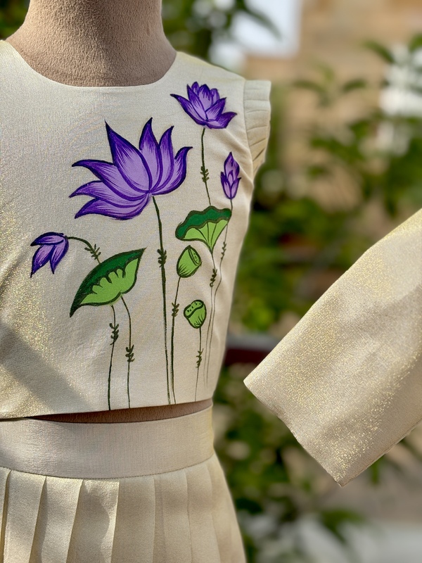 Creme-purple Lotus Pichwai Handpainted Silk Skirt Set
