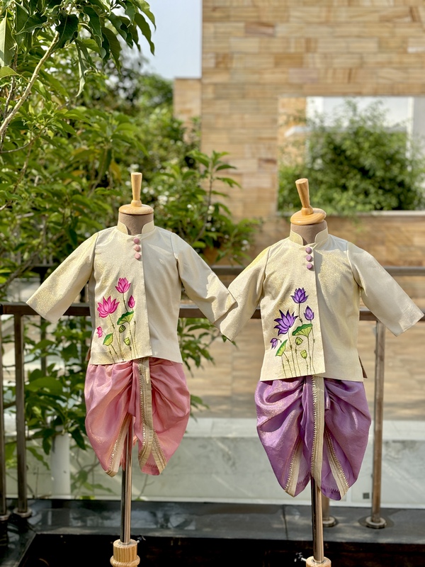 Purply Ivory Lotus Handpainted Dhoti Silk Set