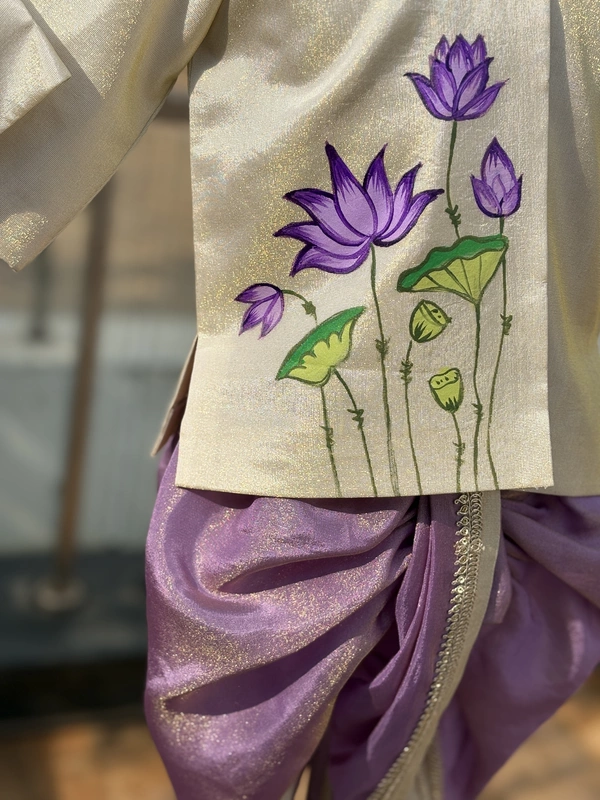 Purply Ivory Lotus Handpainted Dhoti Silk Set