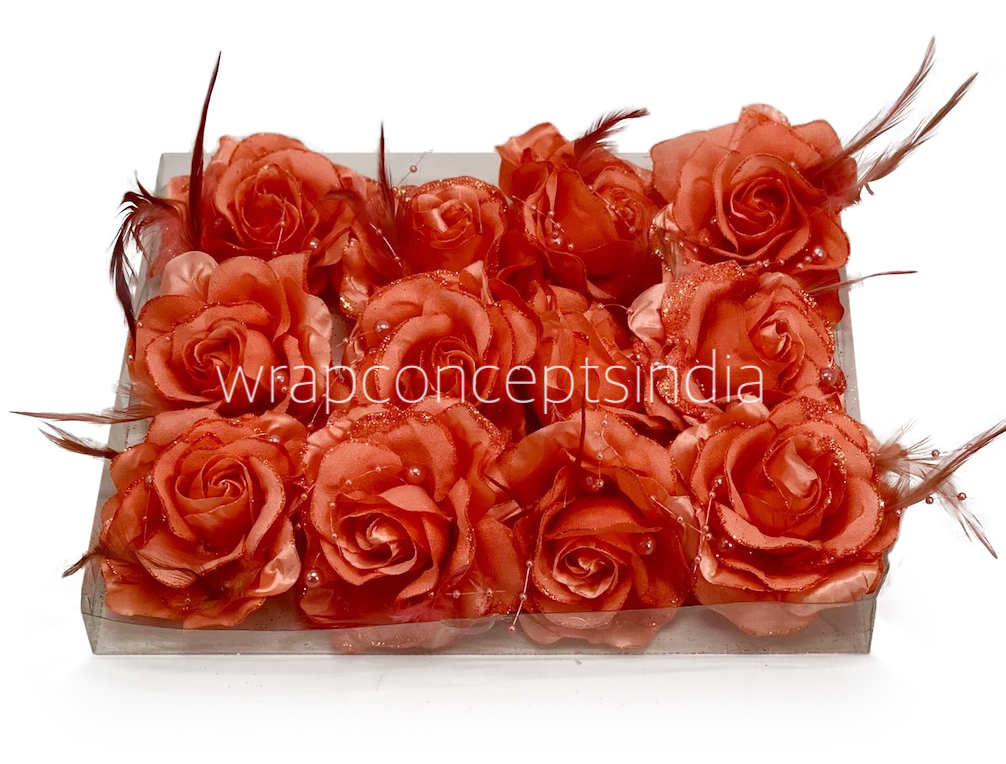 Tomato Rose With Feather & Pearl String