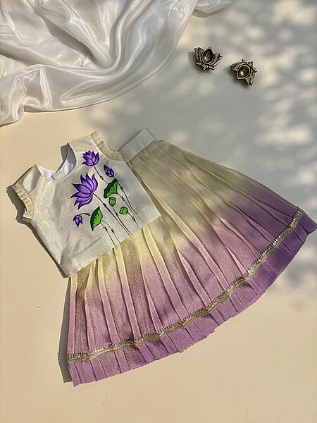Creme'-purple Lotus Pichwai Handpainted Silk Skirt Set