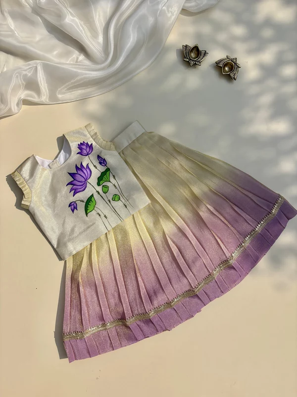 Creme'-purple Lotus Pichwai Handpainted Silk Skirt Set