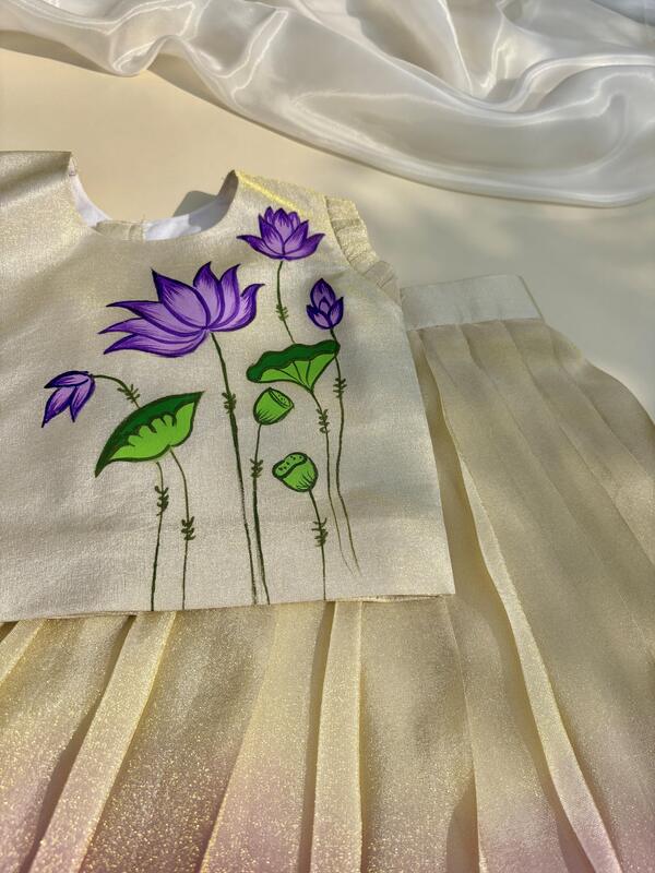 Creme-purple Lotus Pichwai Handpainted Silk Skirt Set