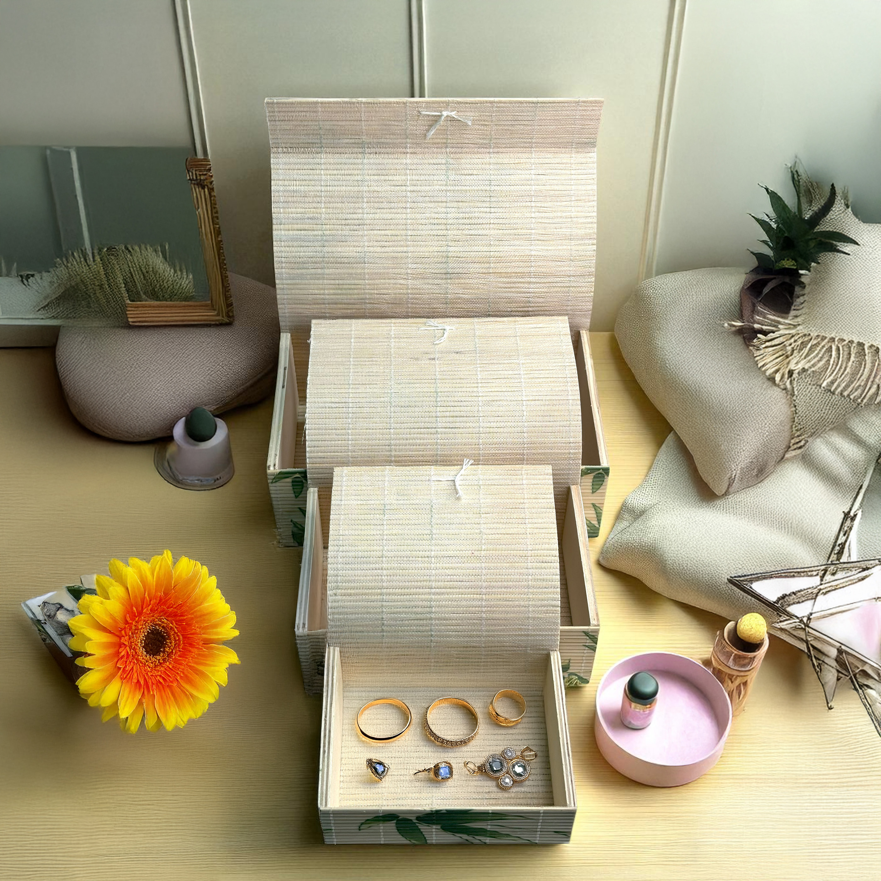 Decorative Jewellery / Storage Boxes with Bamboo Pattern, Green Leaf Design, Set of 3