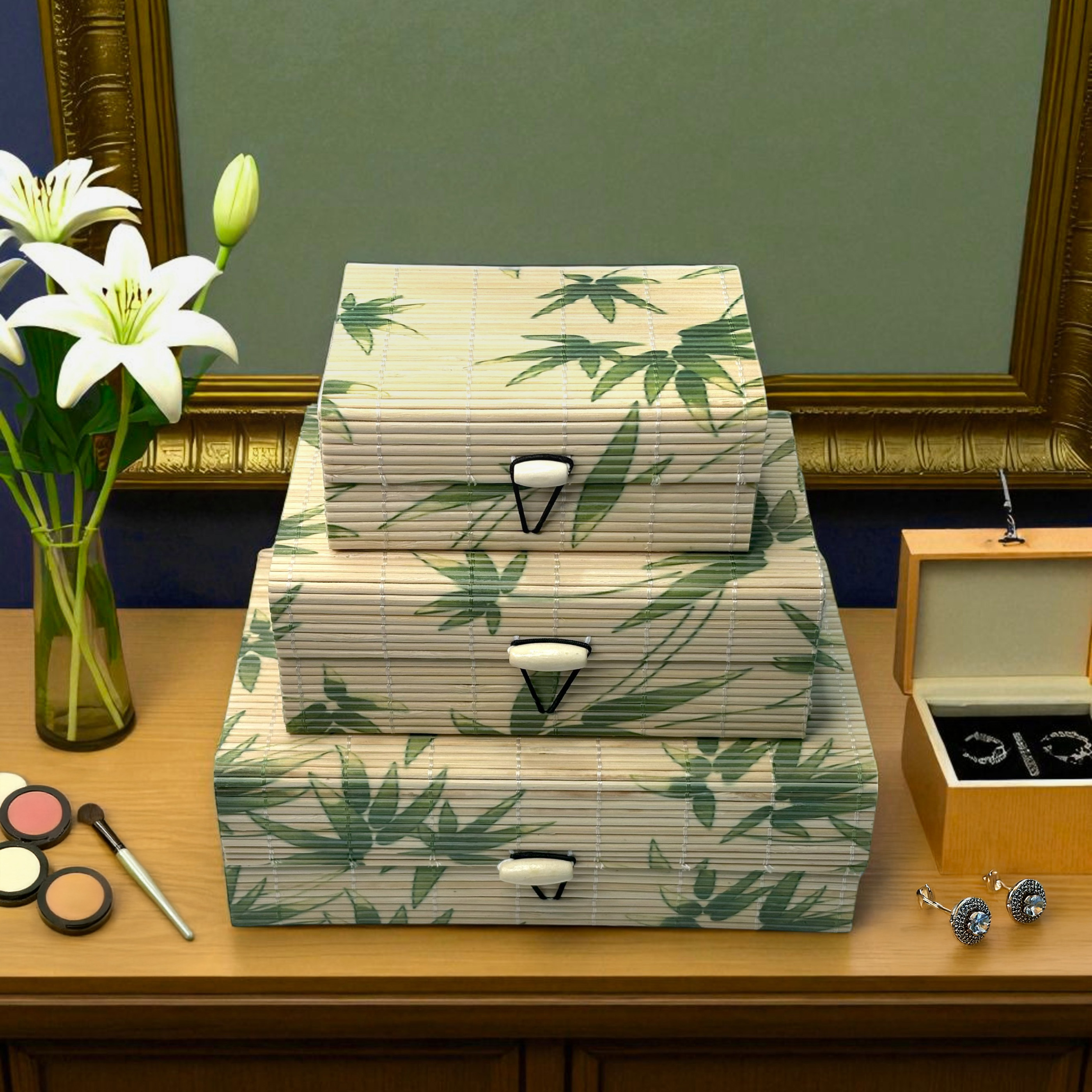 Decorative Jewellery / Storage Boxes with Bamboo Pattern, Green Leaf Design, Set of 3