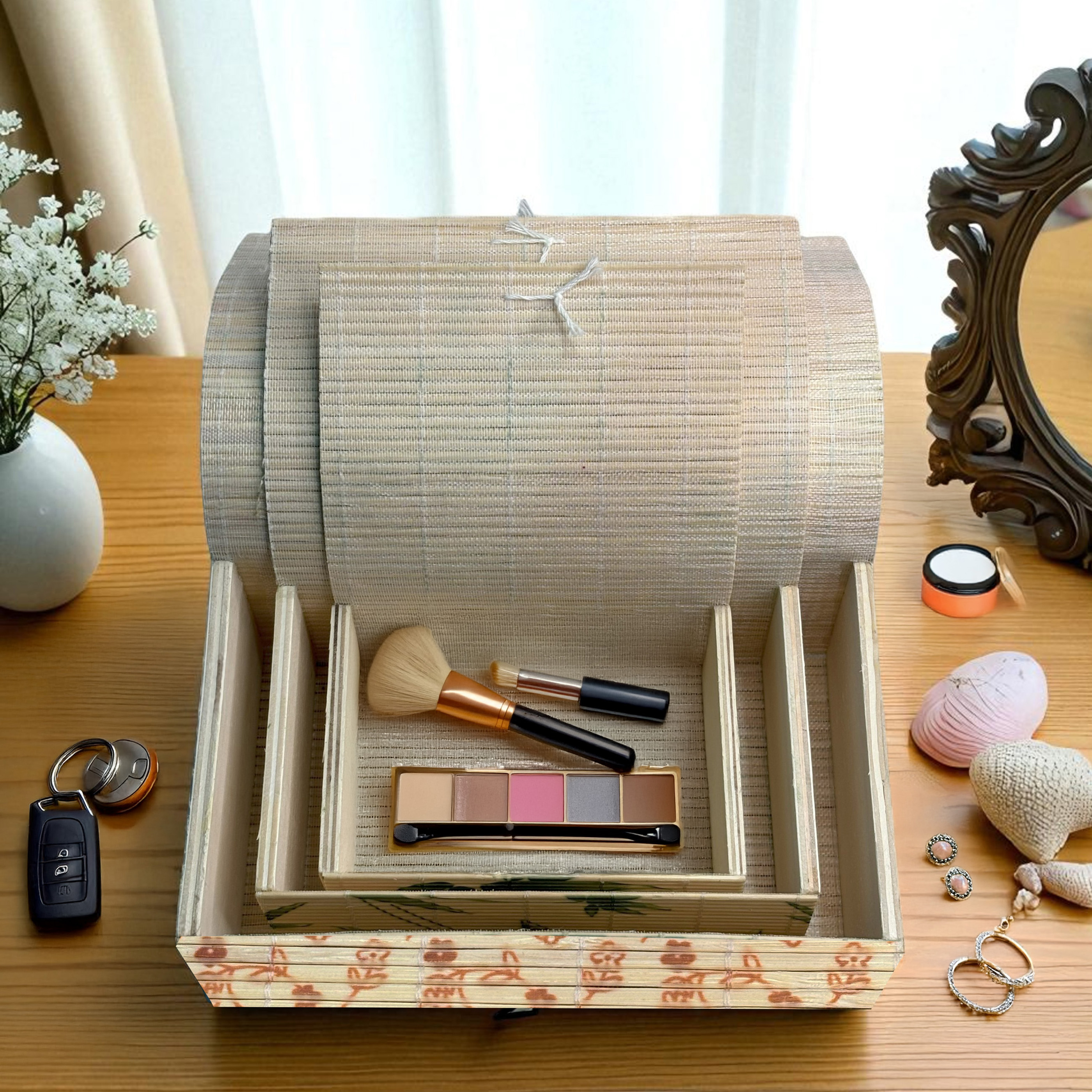 Decorative Storage Box Set, 3-Piece Floral Pattern, White Clasps