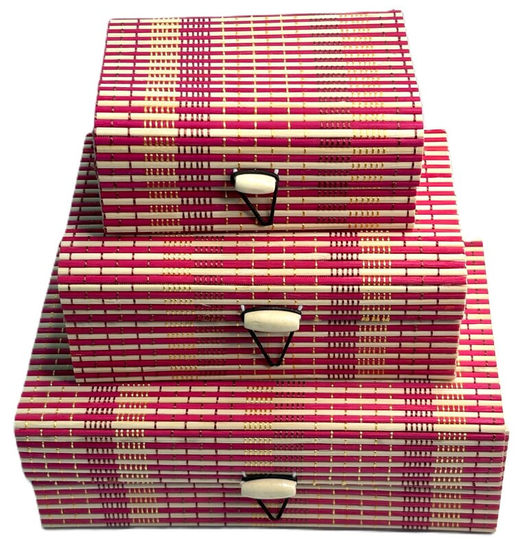 EELIKA Bamboo utility box || bamboo jewelley box || costmetic box || shringar makeup storage box || set of 3 (Red)