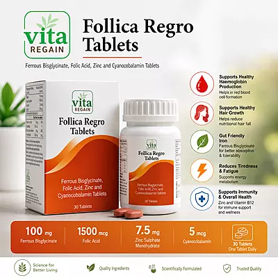 Vita Regain Follica Regro Tablets | Ferrous Bisglycinate 100mg | Folic Acid 1500mcg | 60 Tablets