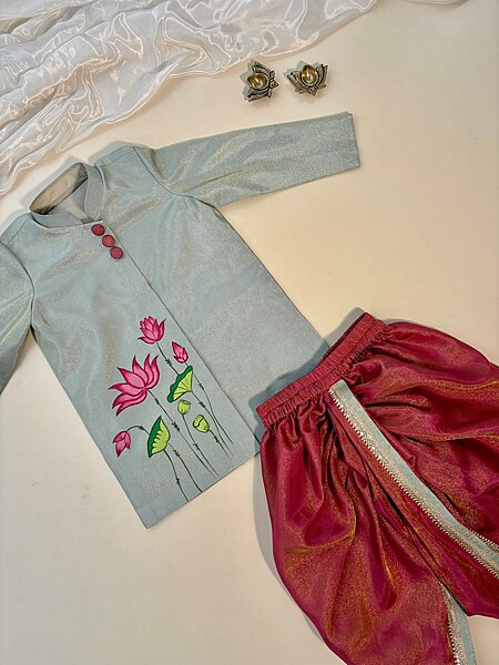 Neel Kamal Lotus Handpainted Dhoti Silk Set