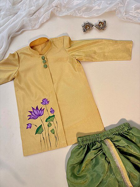 Golden Meadow Lotus Handpainted Dhoti Silk Set