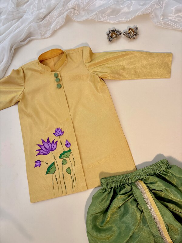 Golden Meadow Lotus Handpainted Dhoti Silk Set