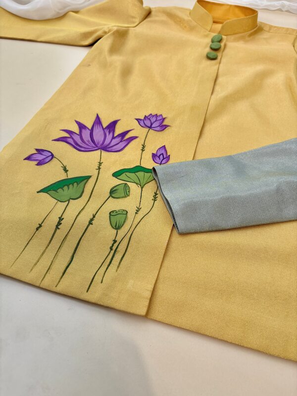 Golden Meadow Lotus Handpainted Dhoti Silk Set