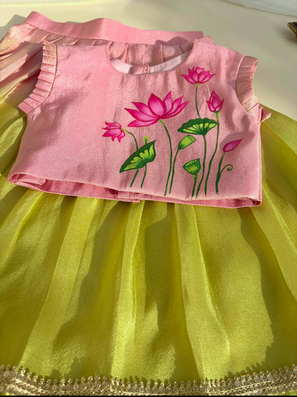 Pink Ombre Lotus Pichwai Hand-painted Skirt Set