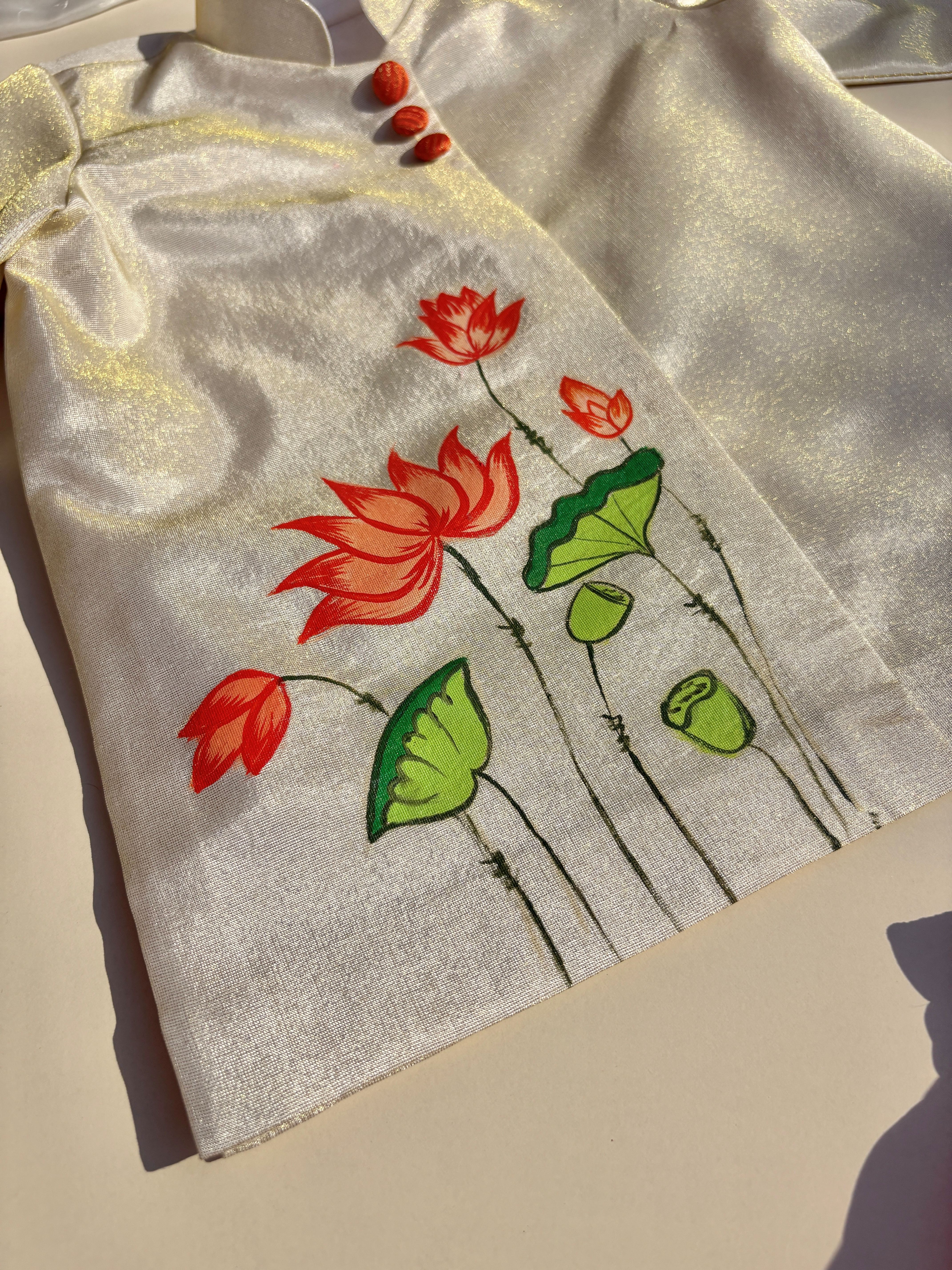 Tangerine Lotus Handpainted Dhoti Silk Set
