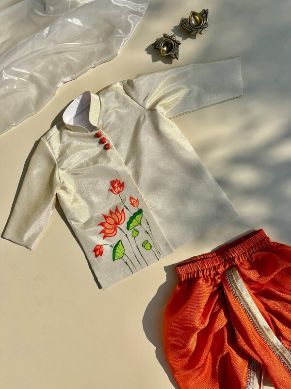Tangerine Lotus Handpainted Dhoti Silk Set