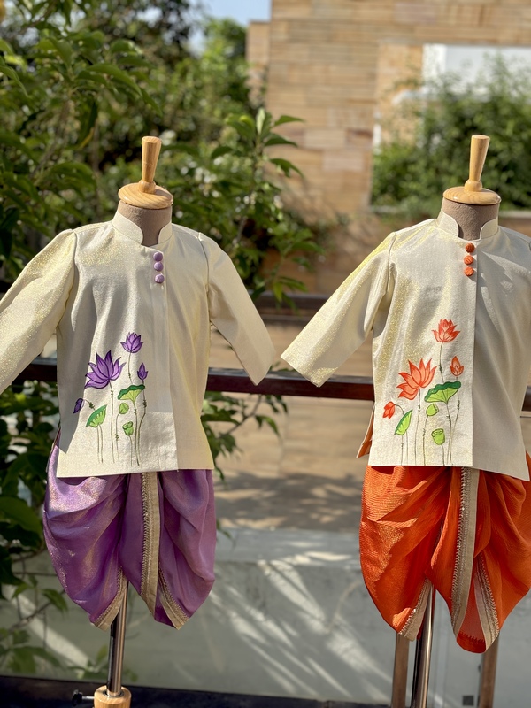 Tangerine Lotus Handpainted Dhoti Silk Set