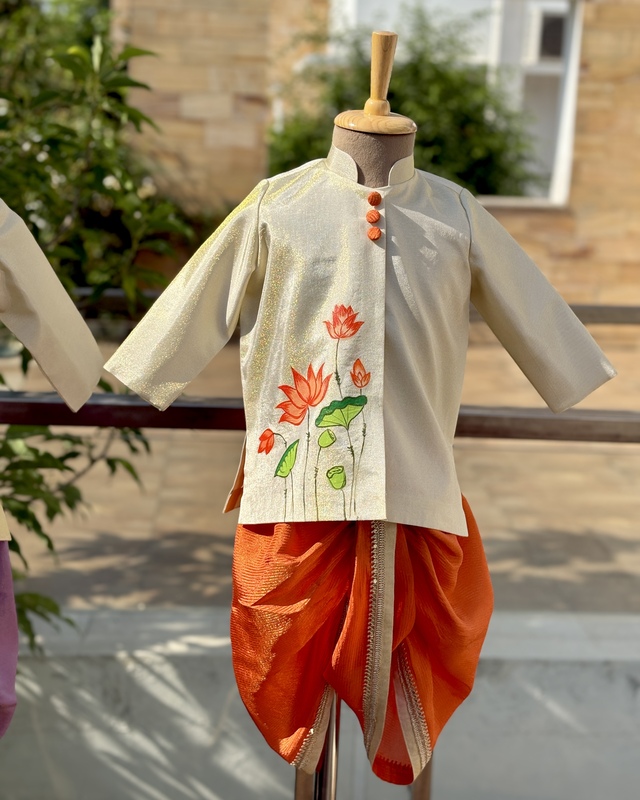 Tangerine Lotus Handpainted Dhoti Silk Set