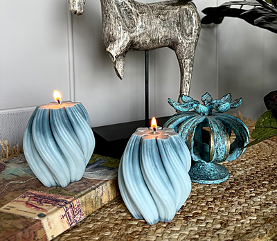 SET OF 2 TEAL TWISTED PILLAR CANDLE